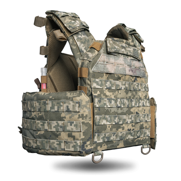 "Ghost Performance V1 Plus" body armor with quick-release system + 3 magazine pouches, with Class 2 ballistic protection, Pixel color